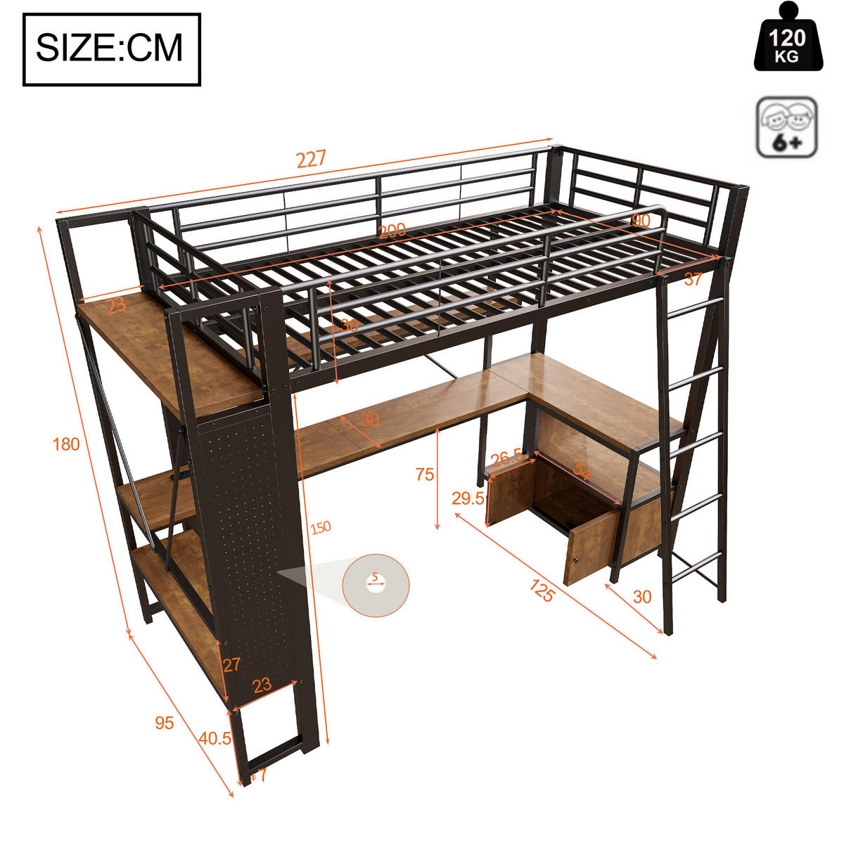 HOCHBETT 90/200 cm aus Metall mit Schreibtisch, LED-Beleuchtung und Stauraum - Schwarz, Metall (90/200cm) - Flora Grace