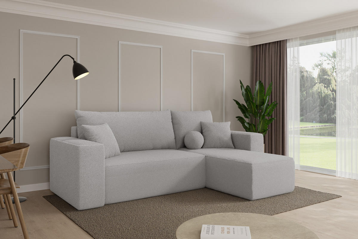 ROHOVÁ SEDAČKA s funkcí spaní, otoman vpravo SENO-L 249x139x85 světle šedá bouclé - černá/stříbrná, kompozitní dřevo/textil (249/139cm) - ALTDECOR