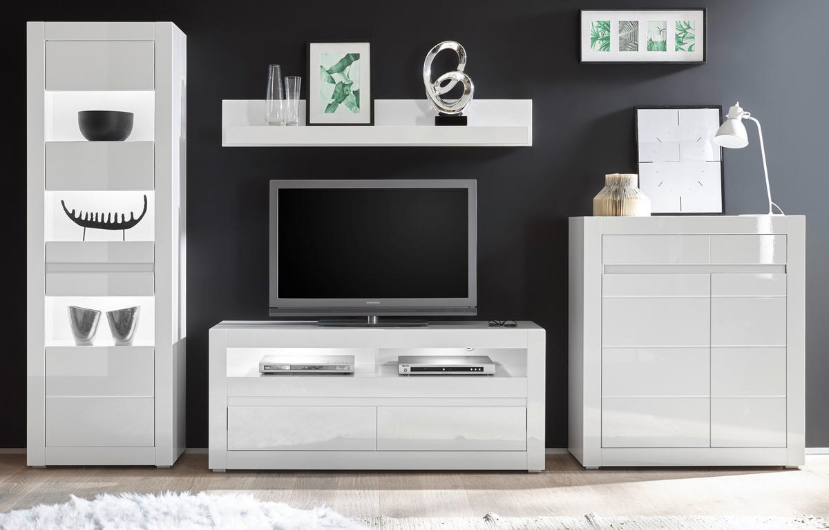 WOHNWAND Hochglanz weiß, Stone Design grau 4-teilig, Anbauwand mit Soft-Close - Weiß Hochglanz/Weiß, Glas/Holzwerkstoff (336/198/42cm) - Furn.Design