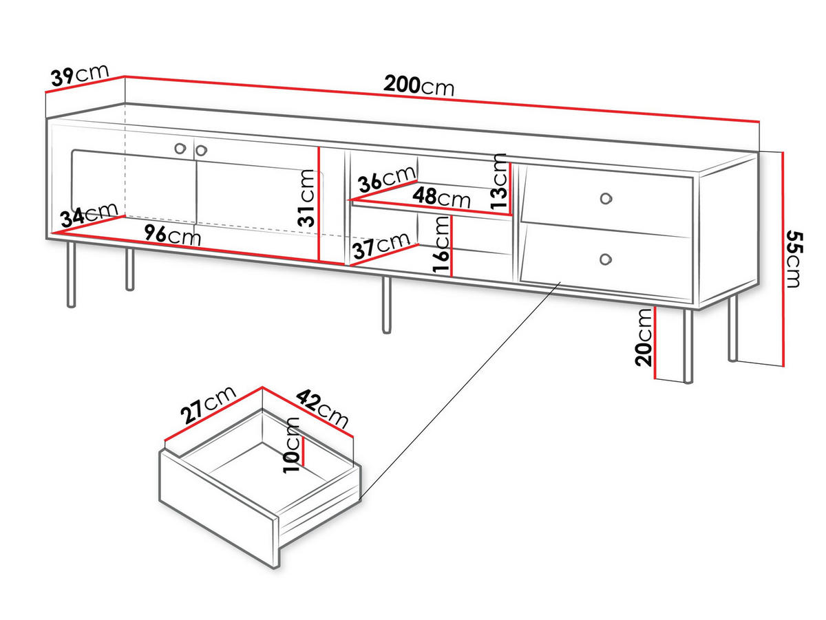 TV-LOWBOARD Valerio 200 - Schwarz/Weiß, Holzwerkstoff/Kunststoff (200/55/39cm) - MIRJAN24
