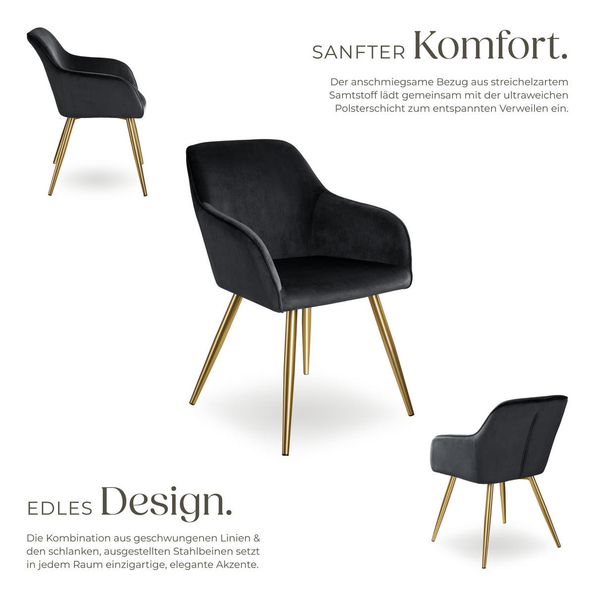 ESSZIMMERSTUHL 2er Set Marilyn 58 x 62 x 82 cm schwarz/gold - Goldfarben/Schwarz, Textil (58/82/62cm) - tectake