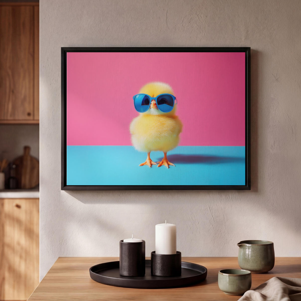 LEINWAND Bilder mit Rahmen - Chick - Sonnenbrille - Blau - 40x30 - Pink, Textil (40/30cm) - MuchoWow