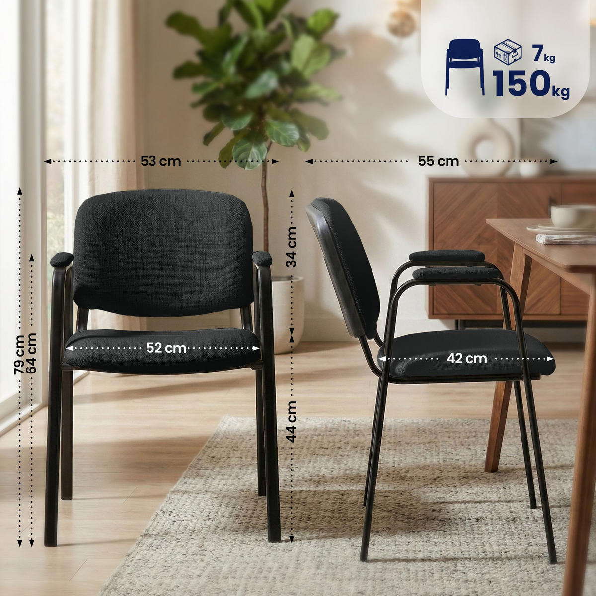 BESUCHERSTUHL 4er Set Stoff Schwarz - Schwarz, Textil/Metall (53/79/55cm) - CLP