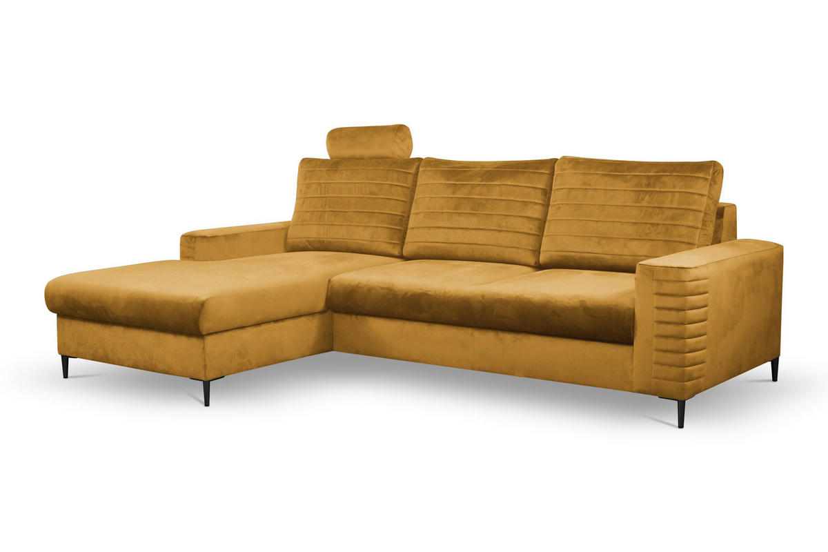 ECKSOFA GRIFO L-S Gelb Velours-Stoff mit Schlaffunktion - Gelb, Holz (253/165cm) - MASSENO