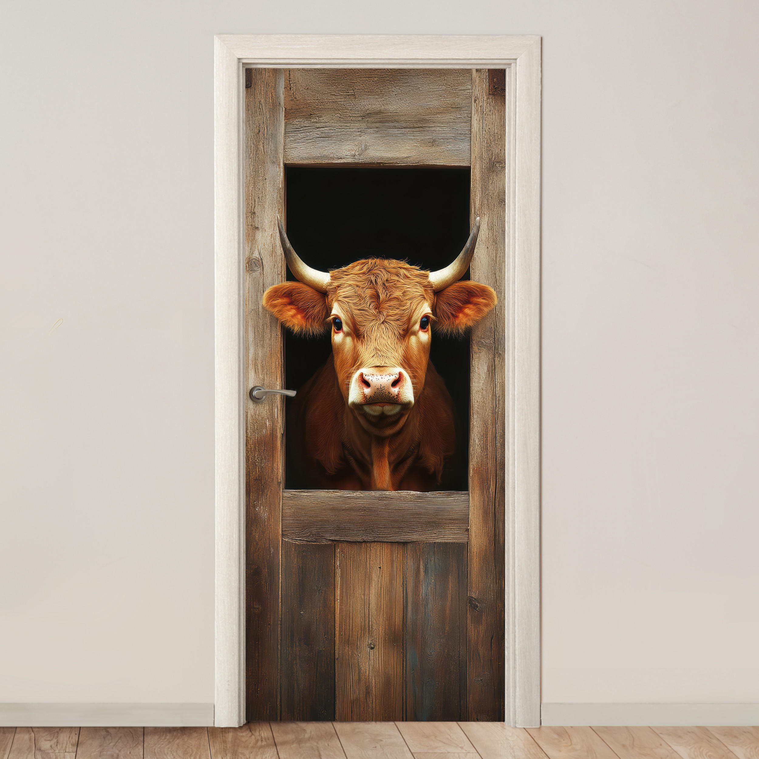 TÜRAUFKLEBER Selbstklebend - Kuh - Fenster - Holz - Tiere 90x205 cm - Türtapete - Wengefarben, Kunststoff (90/0.1cm) - MuchoWow