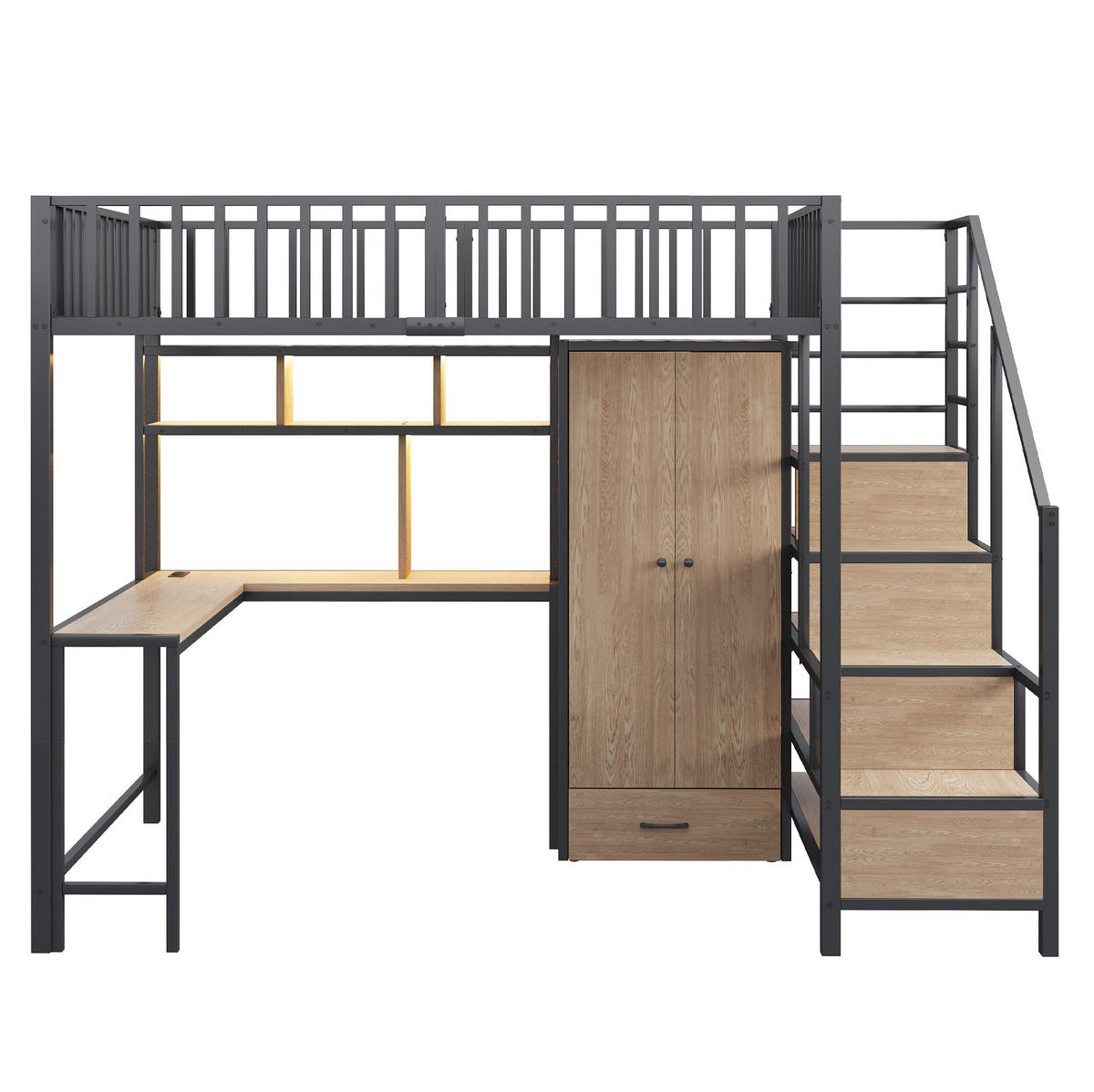 VYSOKÁ posteľ 140/200 cm čierna z kovu a MDF s písacím stolom šatníkom LED osvetlením a úložným rebríkom - čierna, kov (140/200cm) - OKWISH