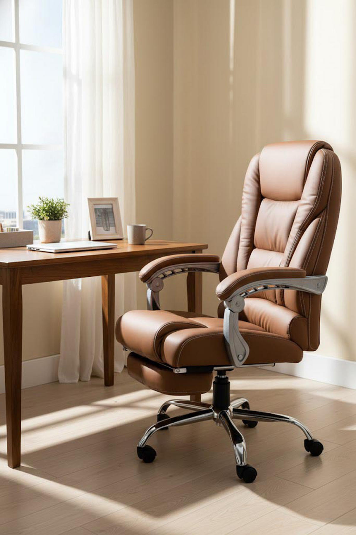 BÜROSTUHL Pacira mit Massagefunktion V2 Kunstleder hellbraun - Hellbraun/Chromfarben, Textil/Metall (68/127/64cm) - TPFLiving