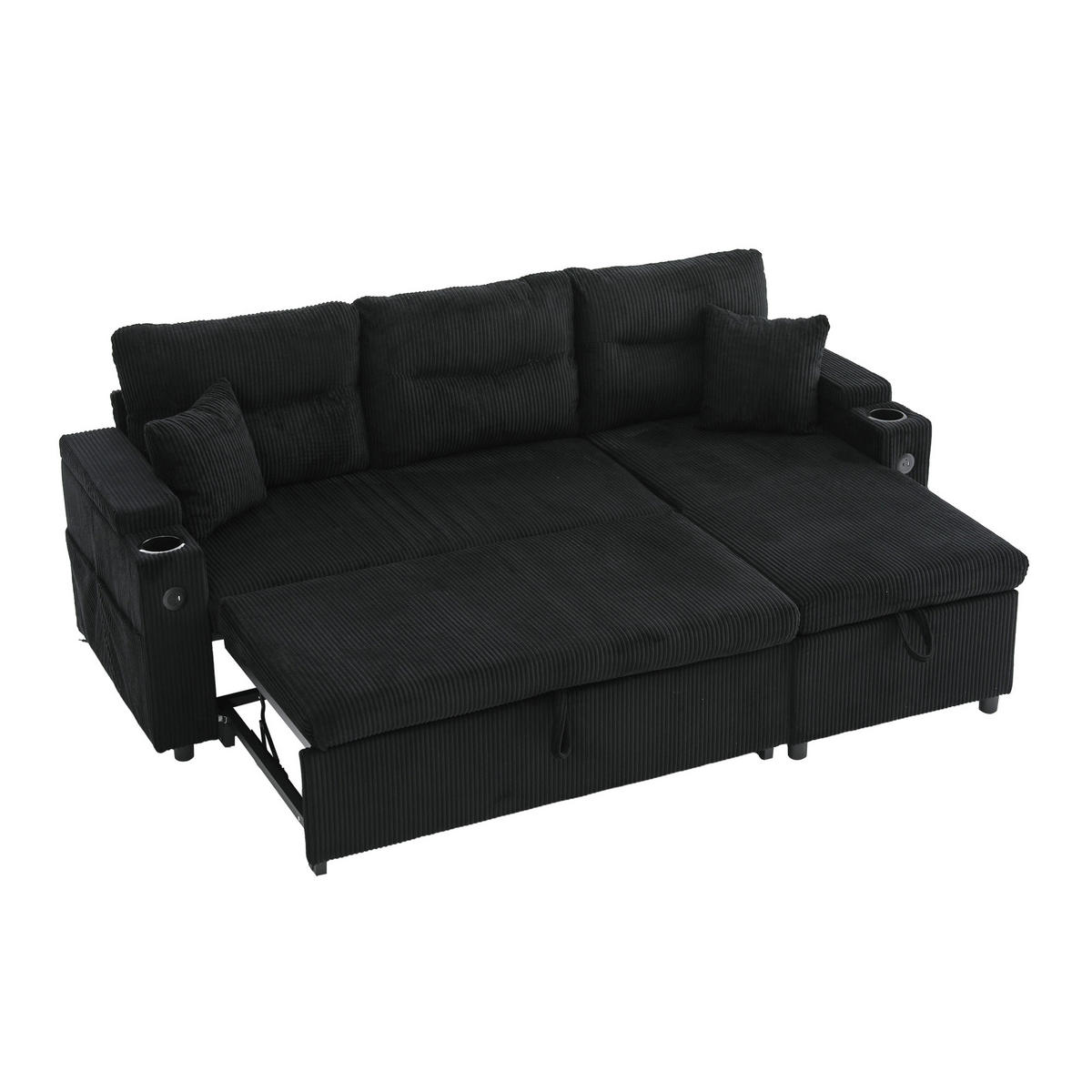 ECKSOFA 3-Sitzer Cord mit Stauraum und USB-C, DE-42576, Schwarz - Schwarz, Metall (212.5/136cm) - ComfortXL