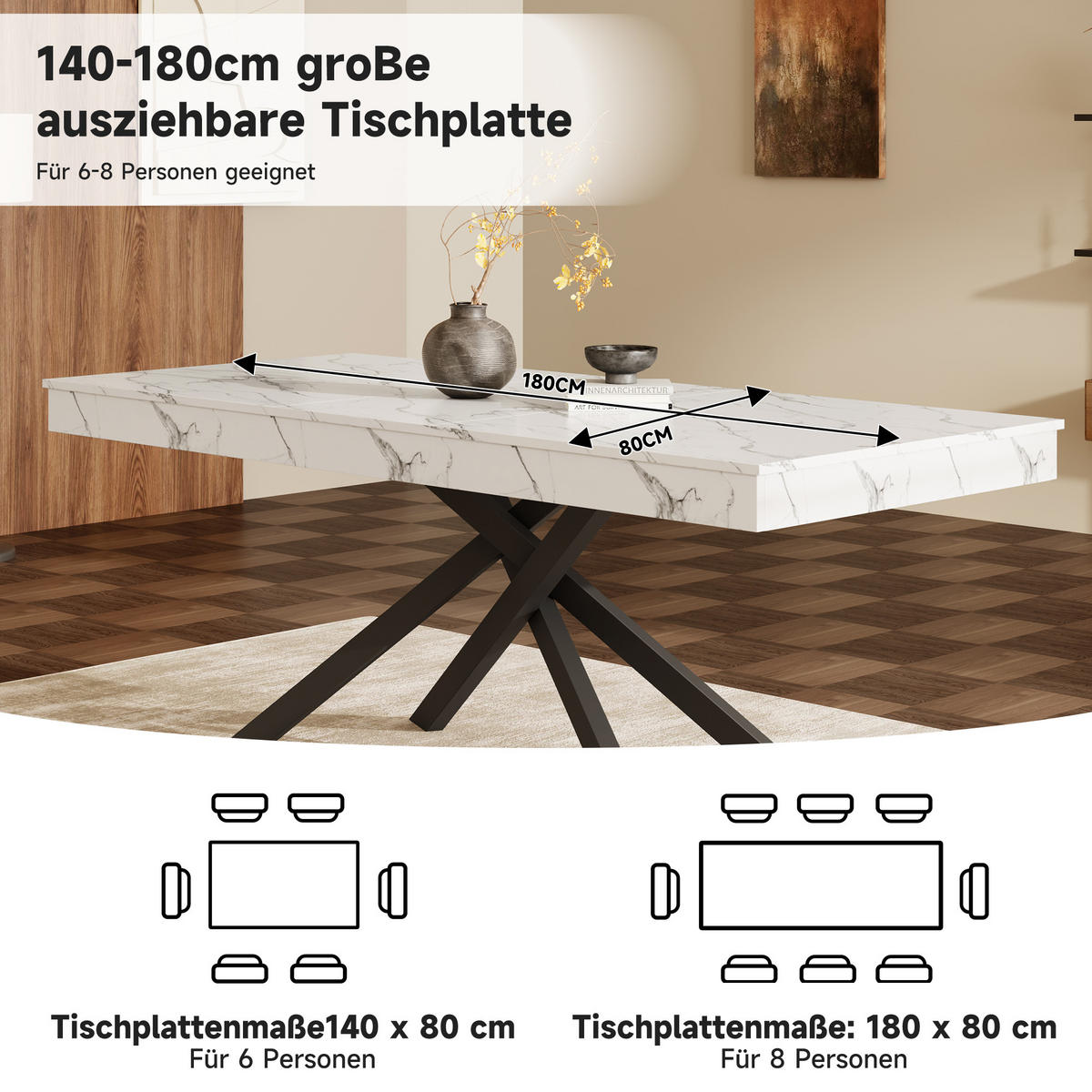 ESSTISCH in Weiß ausziehbarer Küchentisch mit verdickter Tischplatte und Metallbeinen für Esszimmer , B140-180/T80/H76cm - Schwarz/Weiß, Holzwerkstoff/Metall (80/180/76cm) - STILVORA