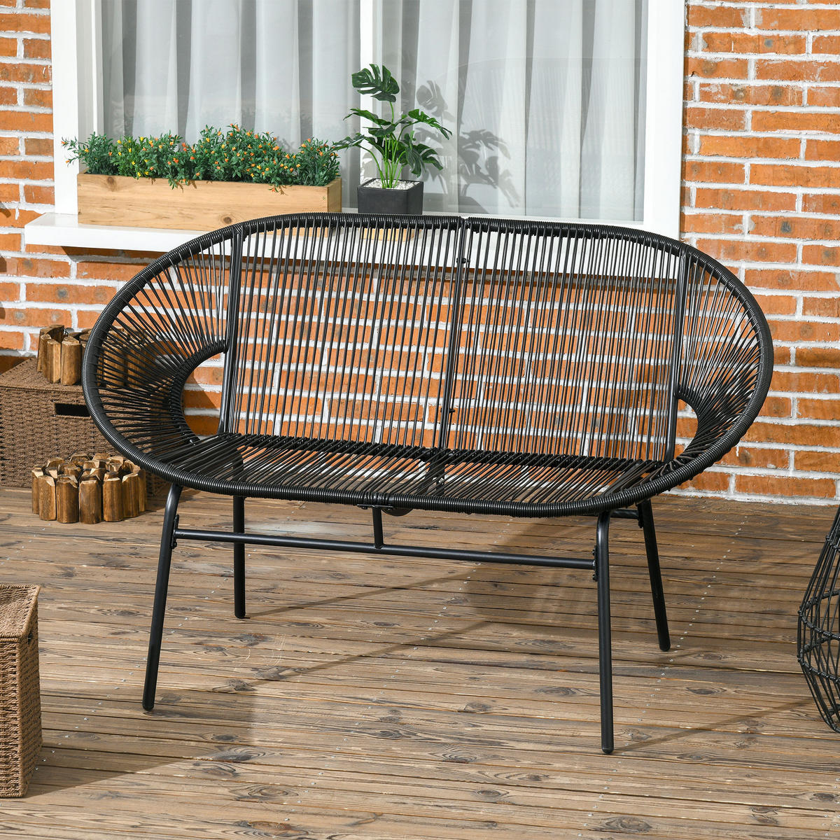 POLYRATTAN Sitzbank 2-Sitzer Rattanbank Gartenbank, für Terrasse, Balkon, Stahl - Schwarz, Metall (72/83/132cm) - Outsunny