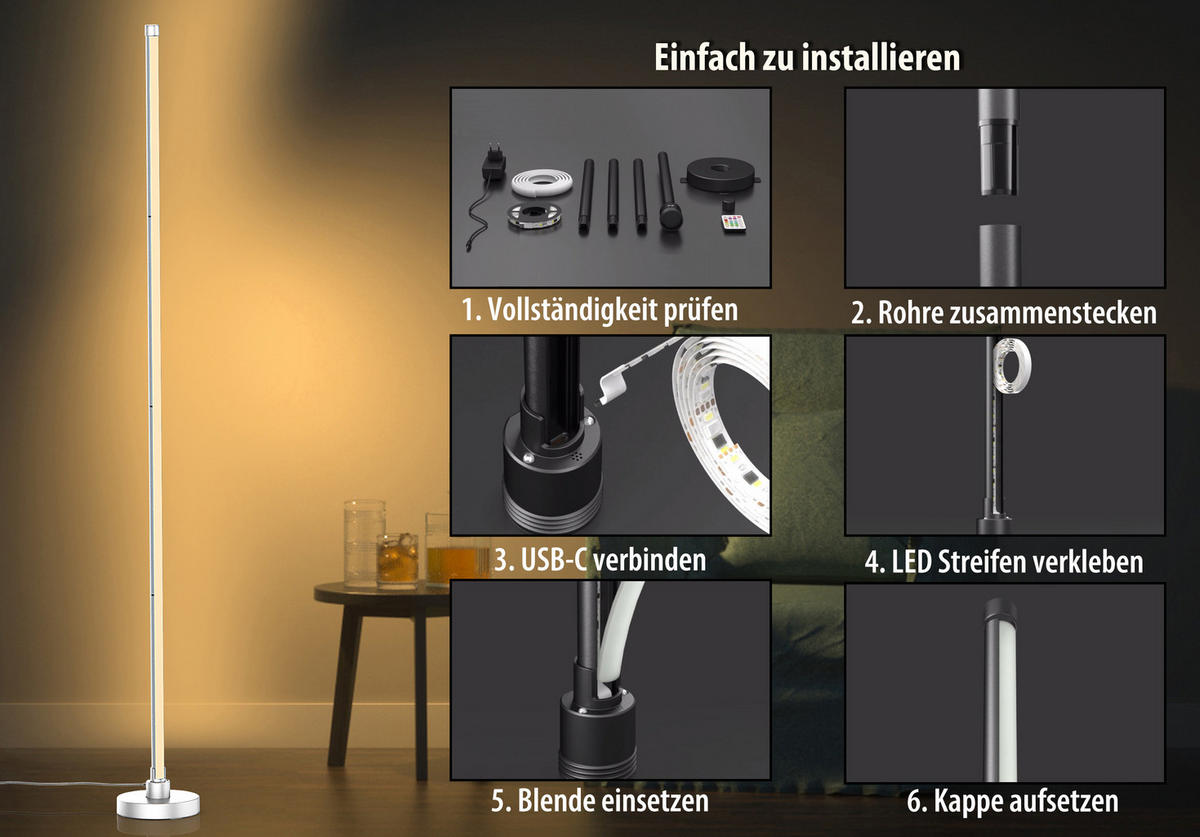 LED-ECKLAMPE - mit Fernbedienung und Soundsensor für RGB- und warmweißes Licht - Weiß, Kunststoff (15.5/15.5/147.5cm) - Northpoint