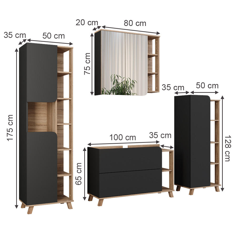 BADMÖBEL-SET Karen Sonoma/Anthrazit 4 Teile - Anthrazit, Holzwerkstoff (100/65/35cm) - Vicco
