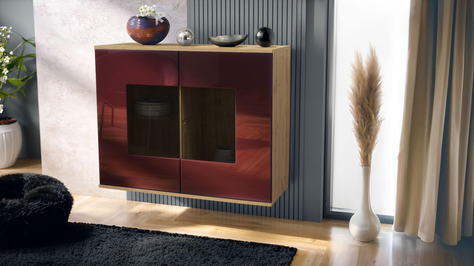 KOMMODE Grömitz Bordeaux Hochglanz - Bordeaux, Holzwerkstoff (92.5/73.5/35cm) - Vladon