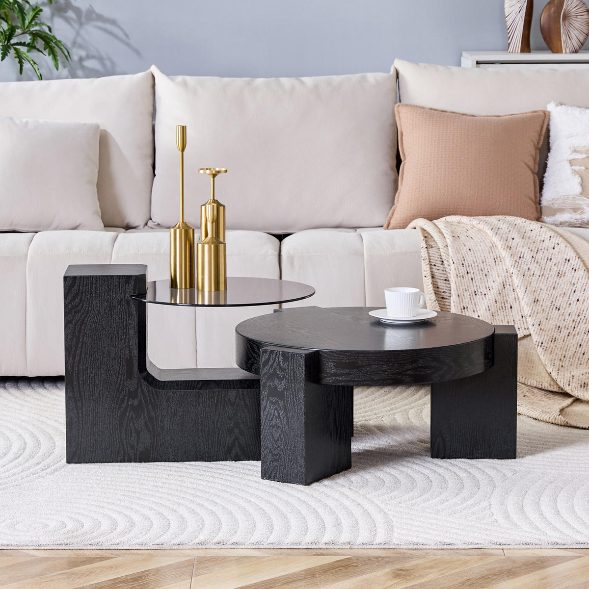 COUCHTISCH aus MDF und Glas Ø61x30 cm in Schwarz mit 2-tlg. Nestdesign - Schwarz, Holzwerkstoff (61/61/30cm) - Modfu