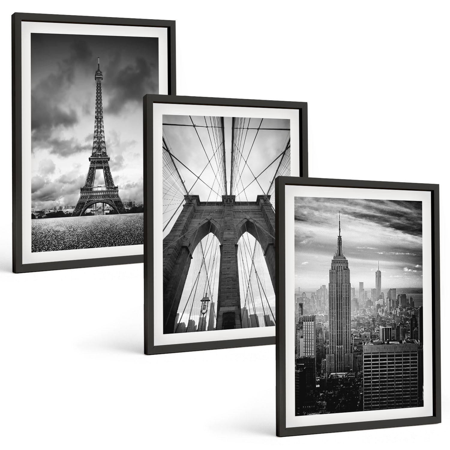 BILDER SET 3er Set - 40x60 cm Schwarzer Rahmen - Monochromatische Brückentürme - Schwarz, Kunststoff (40/60cm) - TULUP