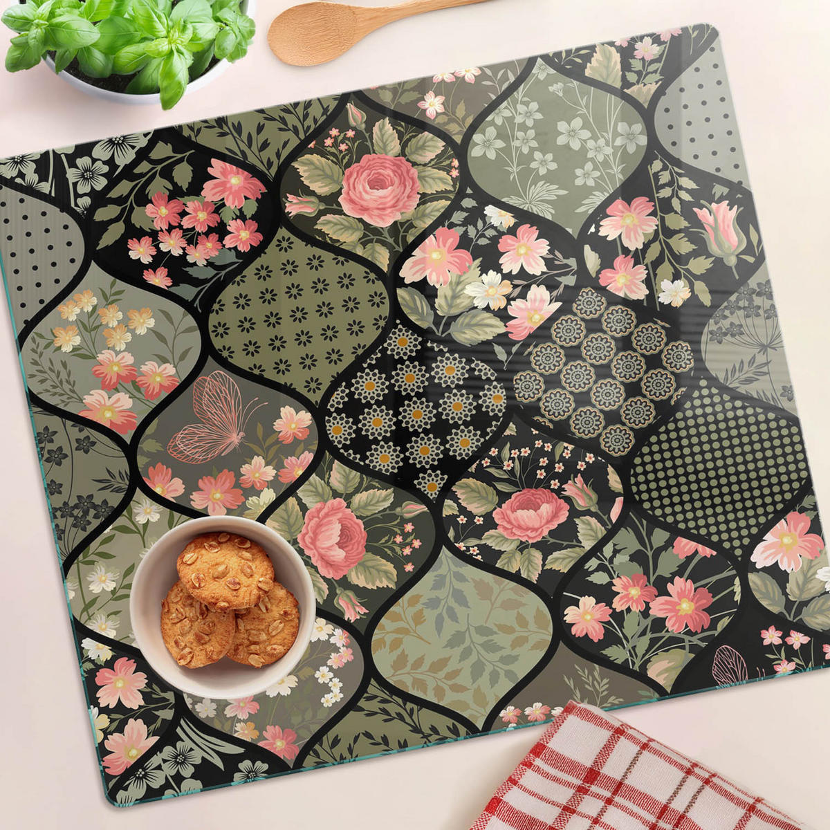 GLASPLATTE 60x52 cm Blumenmuster - Grün, Glas (60/0.4/52cm) - TULUP