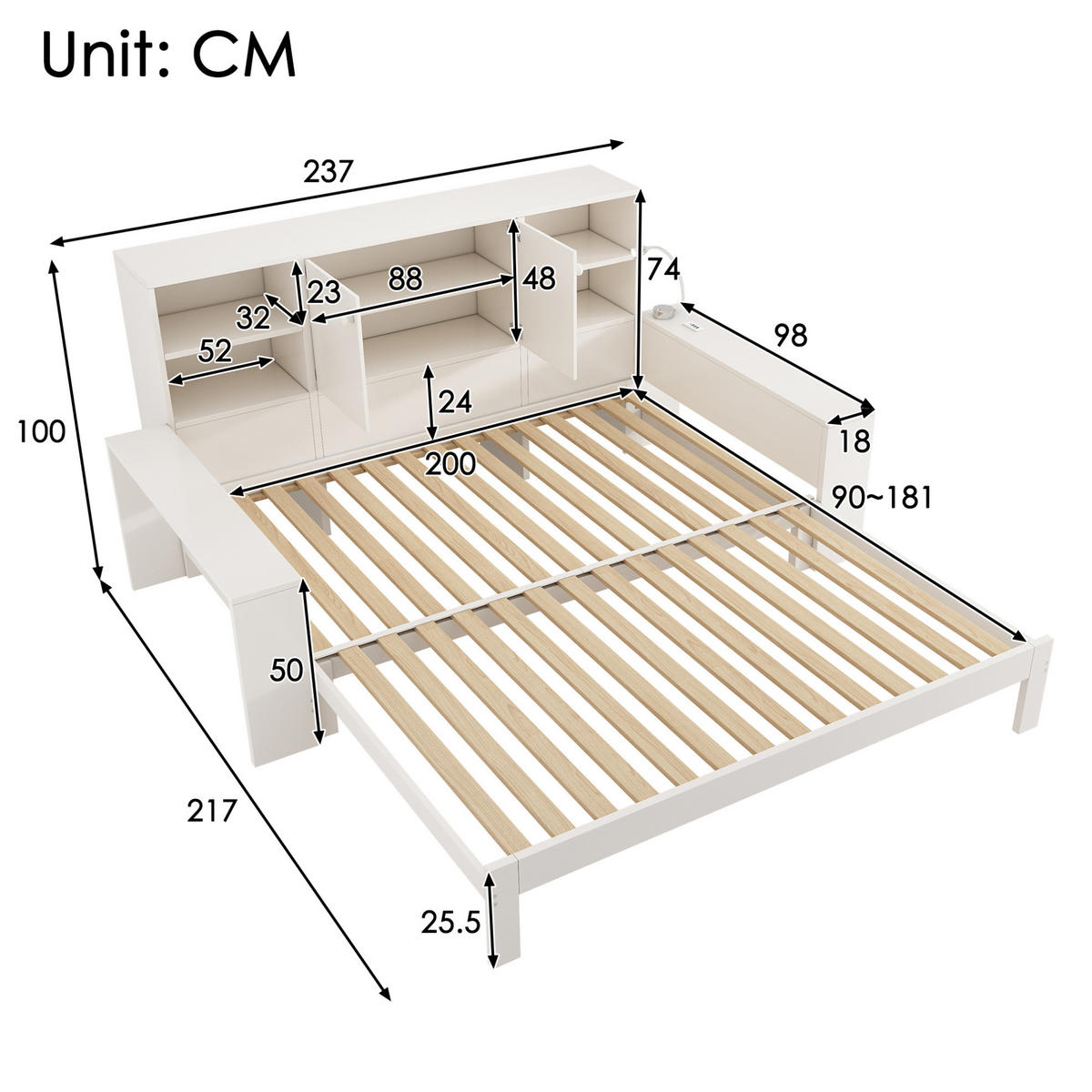 DENNÁ posteľ 90/200 cm biela s výsuvným lôžkom, úložným priestorom a USB portmi z MDF a preglejky - biela, kompozitné drevo (90/200cm) - OKWISH