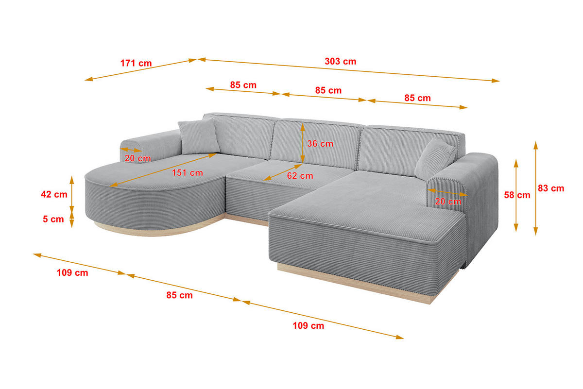WOHNLANDSCHAFT ARRIO-U1 303x171x83 cm Grau - Grau, Holzwerkstoff/Textil (303/83/171cm) - ALTDECOR