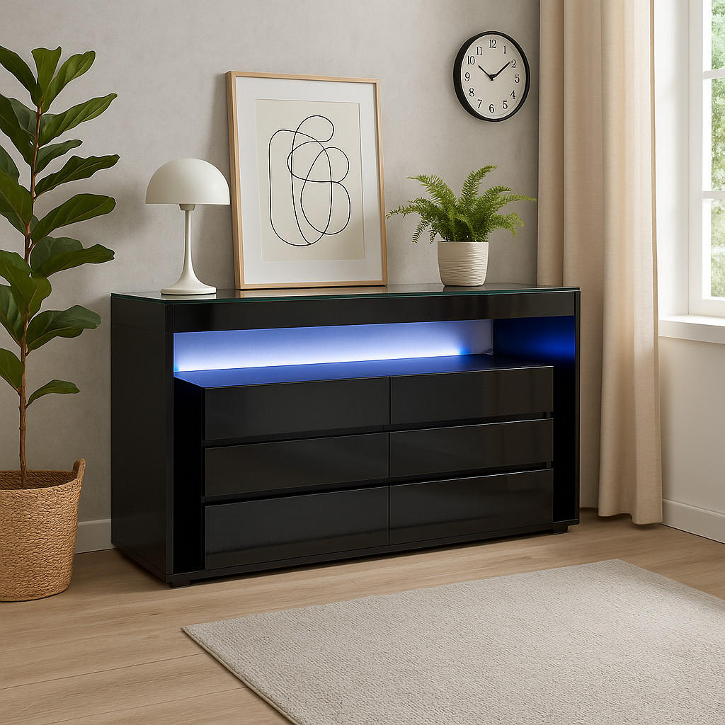 SIDEBOARD mit 6 Schubladen und LED-Beleuchtung - Schwarz, Holzwerkstoff (140/70/40cm) - Urban Meuble
