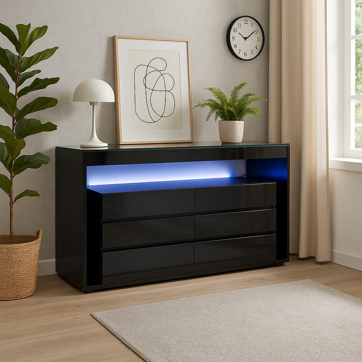 SIDEBOARD mit 6 Schubladen und LED-Beleuchtung - Schwarz, Holzwerkstoff (140/70/40cm) - Urban Meuble