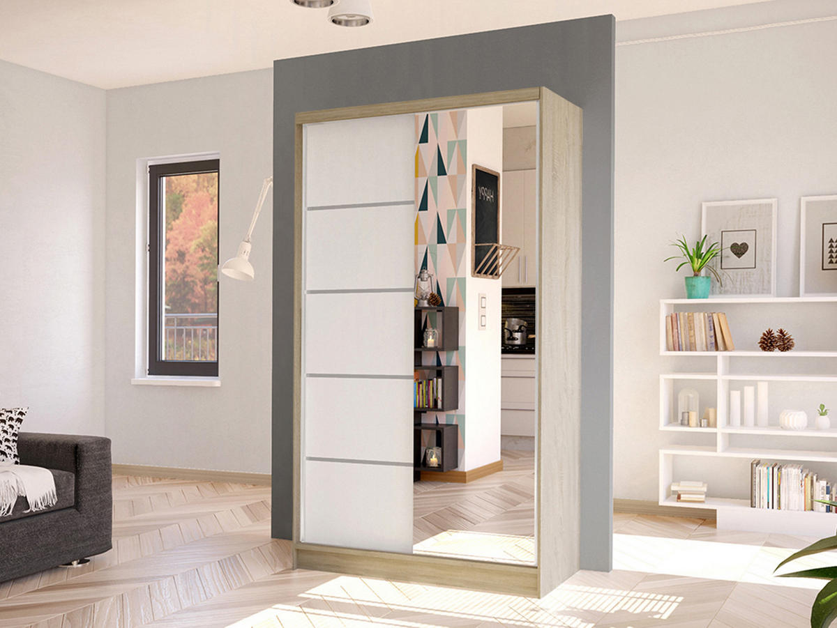 SCHWEBETÜRENSCHRANK Diego III - Weiß/Sonoma Eiche, Holzwerkstoff/Metall (100/200/58cm) - MIRJAN24