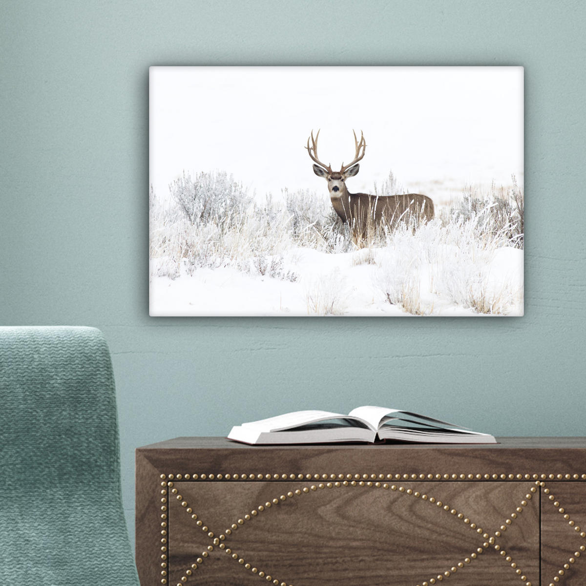 LEINWANDBILD Hirsche - Winter - Schnee - Tiere - Jahreszeiten - Weiß 30x20 cm - Hellbraun, Textil (30/20cm) - MuchoWow