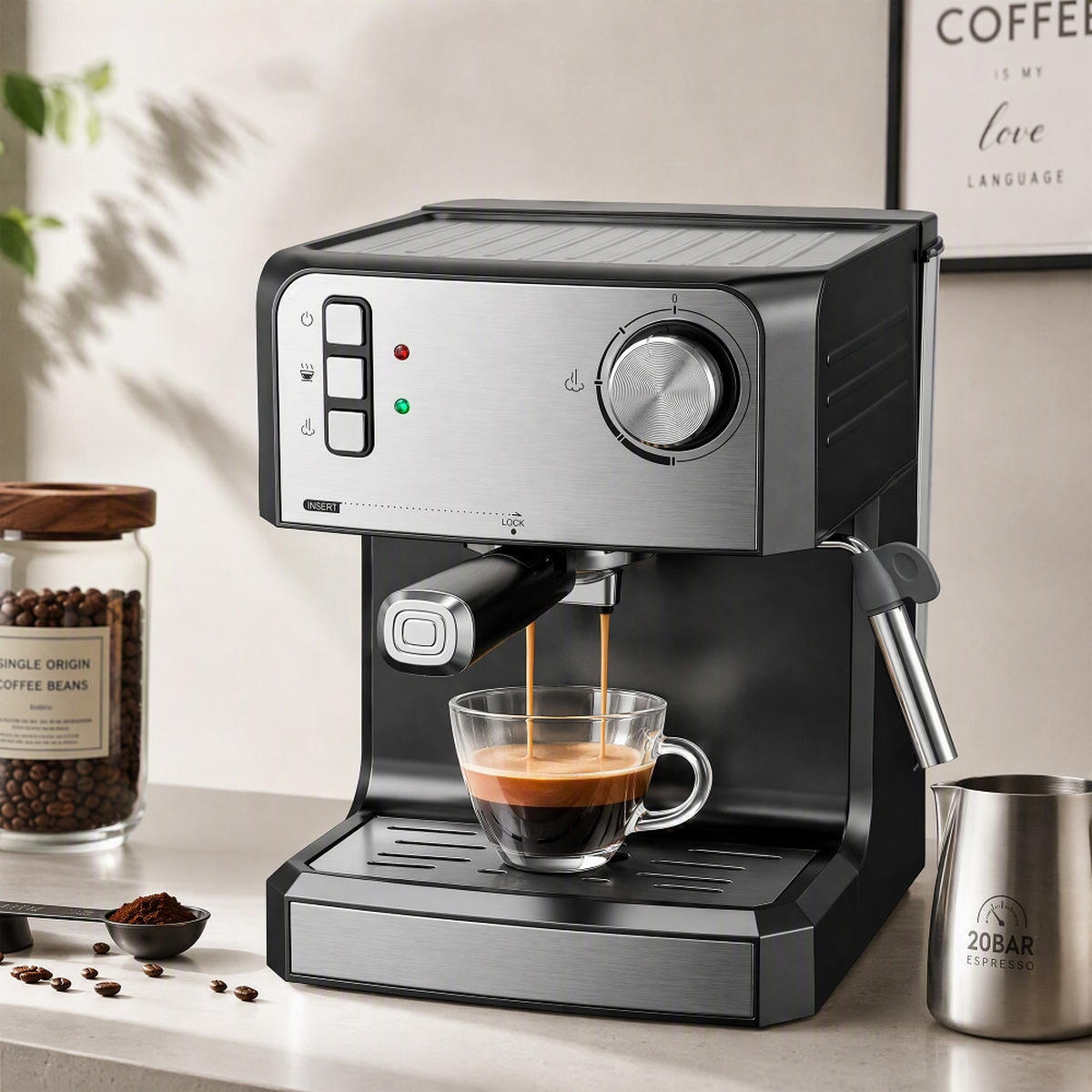 ESPRESSOMASCHINE 20 Bar mit Milchaufschäumer Schwarz - Schwarz, Metall (22/28/29cm) - Rolipo