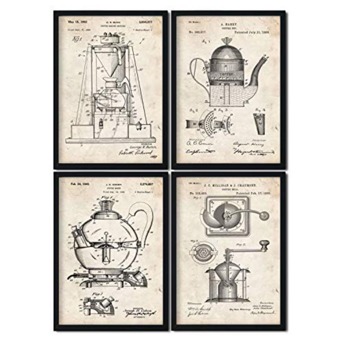 POSTER Set mit 4 Jahrgang cafeteras Patenten A4 Schwarzer Rahmen - Schwarz, Papier (29.7/3cm) - Nacnic