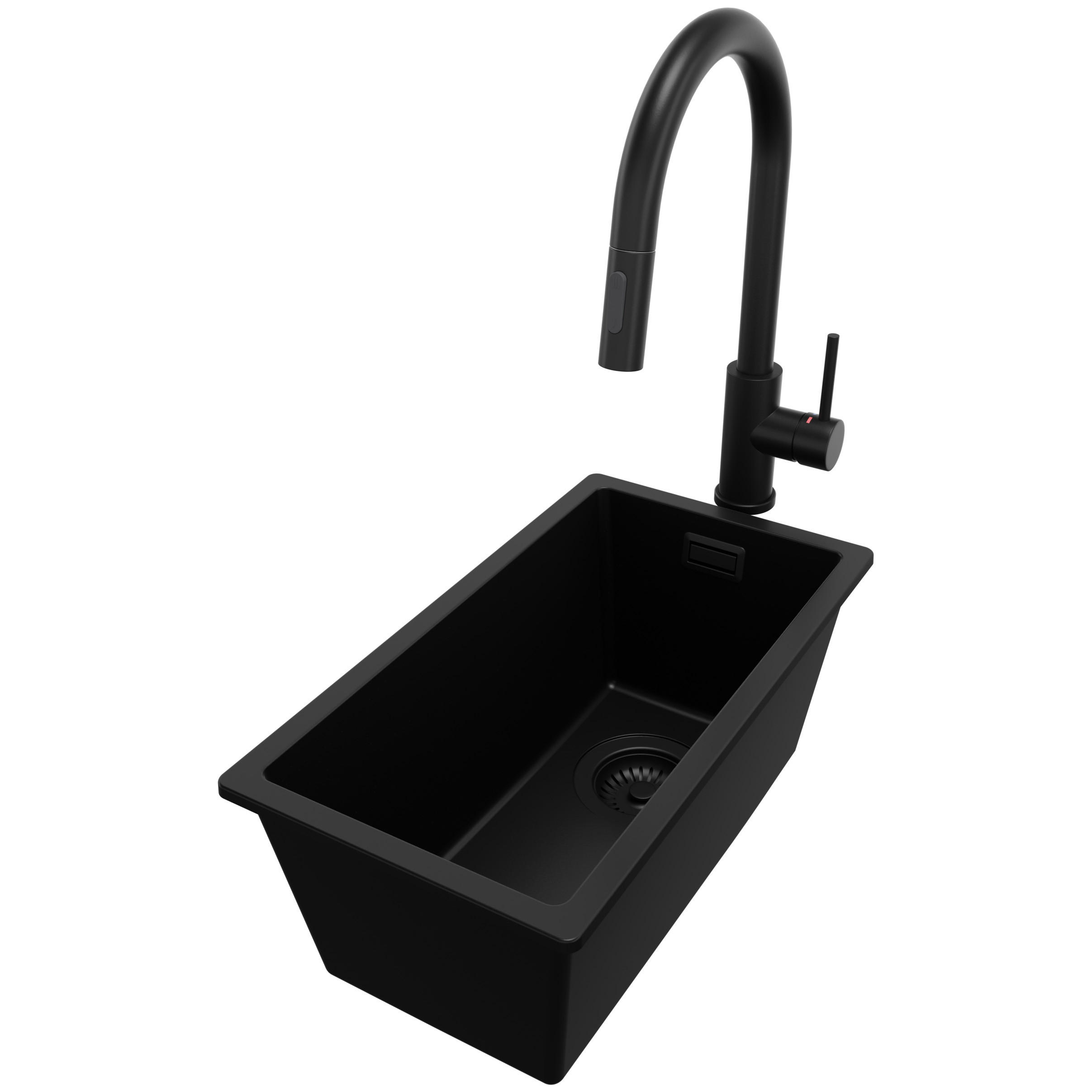 UNTERBAUSPÜLE GRANIT London, 3-er set Alles Schwarz 26/47 cm, 1 Becken + Küchenarmatur 40/20 cm + Ablauf-Set ab 30er Unterschrank - Schwarz, Kunststoff (26/20/47cm) - Primagran