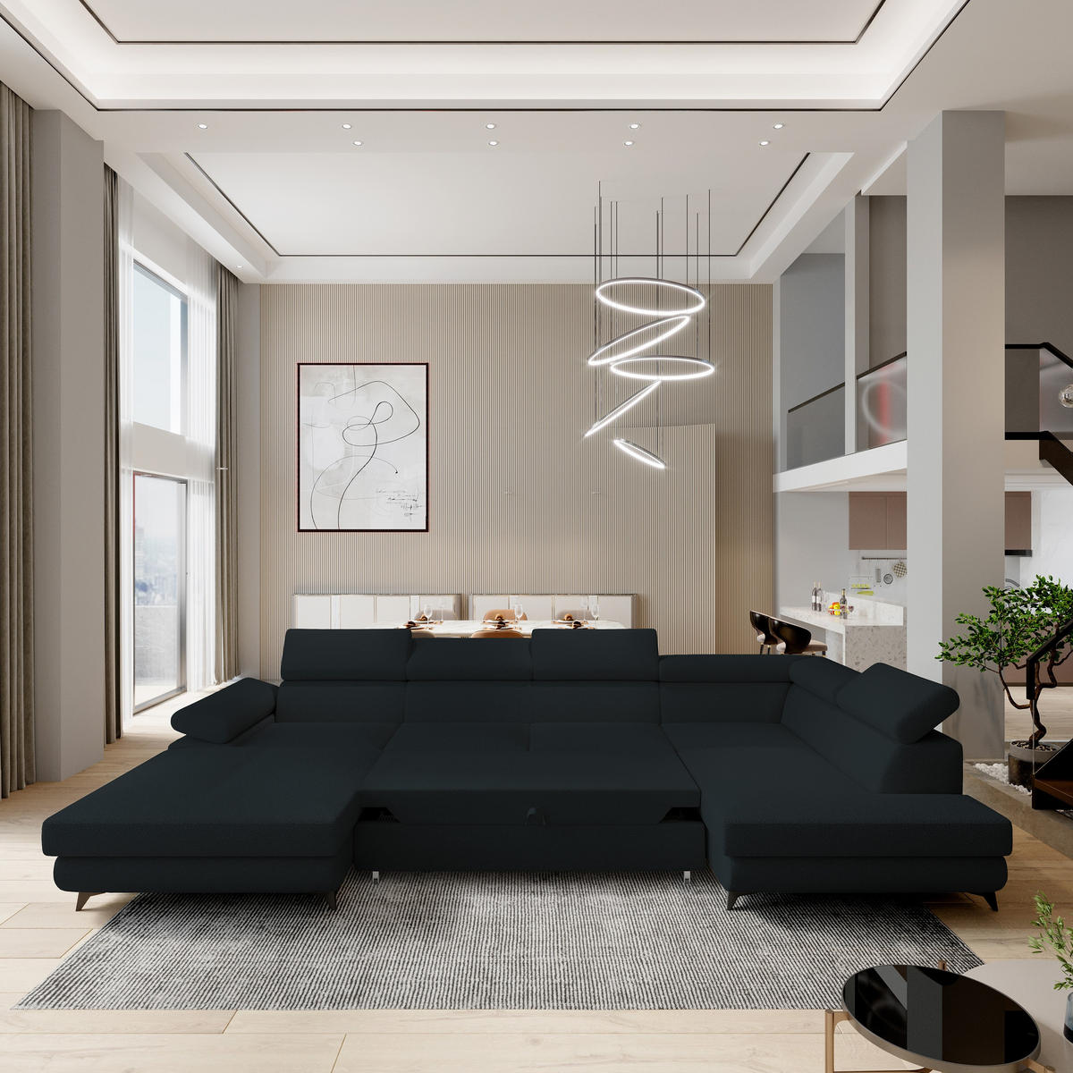 WOHNLANDSCHAFT RUBANO R-S Schwarz Boucle-Stoff mit Schlaffunktion - Schwarz, Holz (339/89/190cm) - MASSENO