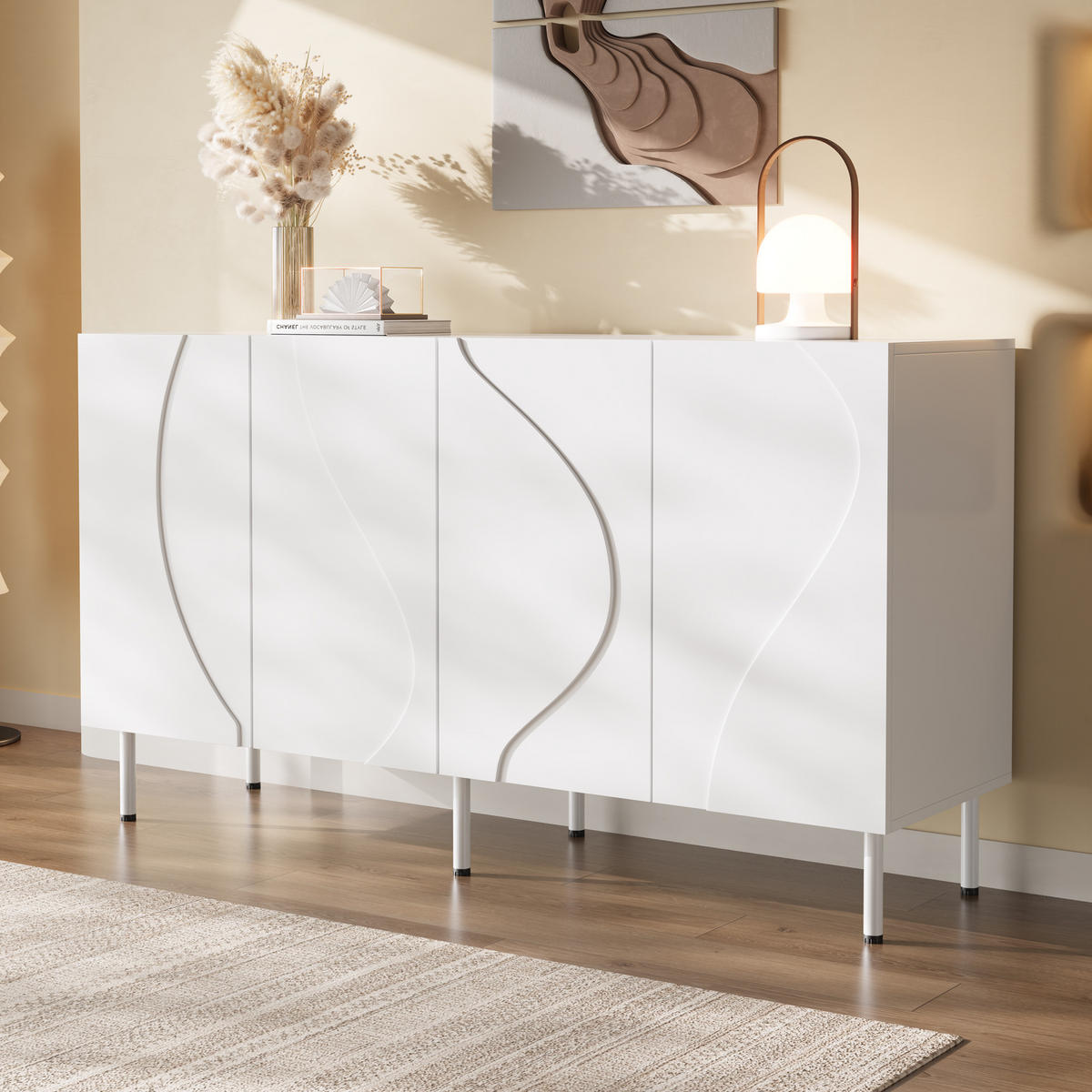 SIDEBOARD 3D Türen grifflos PB MDF Metallfüße modern - Weiß, Holzwerkstoff (40/77.5/140cm) - FLIEKS