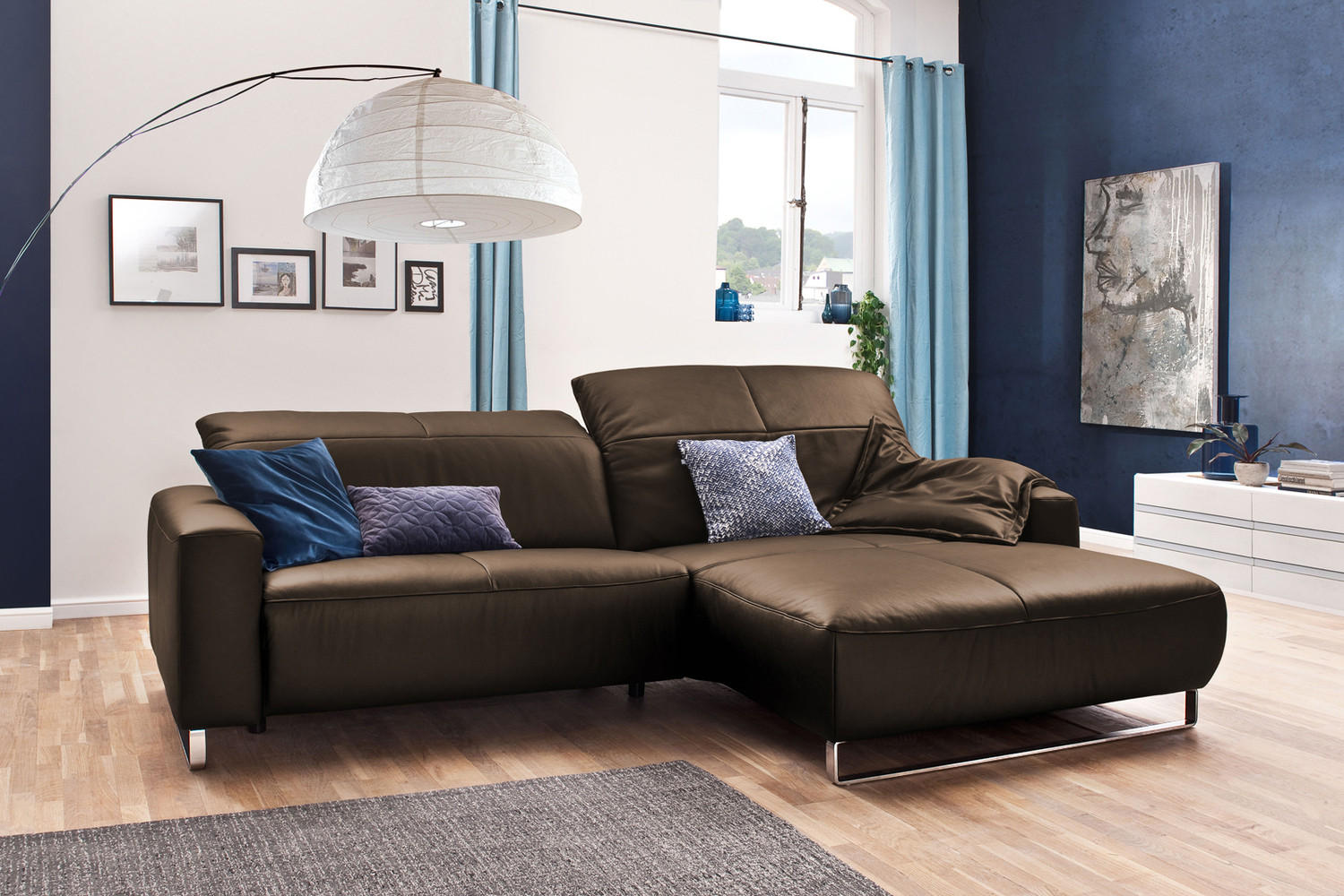 Thumbnail - Kawola Ecksofa, Walnuss, Silber, Leder, Echtholz, 3-Sitzer, Füllung: Komfortschaum, Ottomane rechts, L-Form, 284x180 cm,...