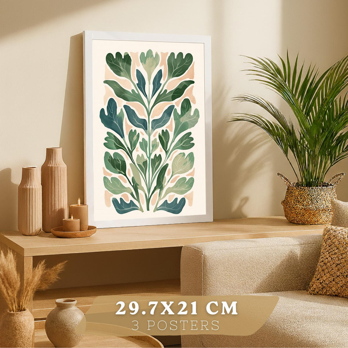 PLAKAT Sada 3 Zelené rostliny A3 Bílý rám - bílá, papír (29.7/1/42cm) - Nacnic