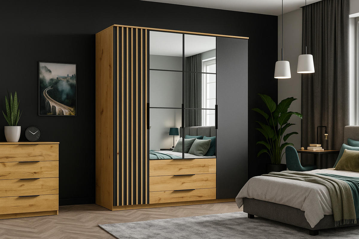 KLEIDERSCHRANK Sorento - Craft Gold, Lamellen Schwarz - 200 x 215 x 61 cm - Eichefarben, Holzwerkstoff (200/215/61cm) - BM-Möbel