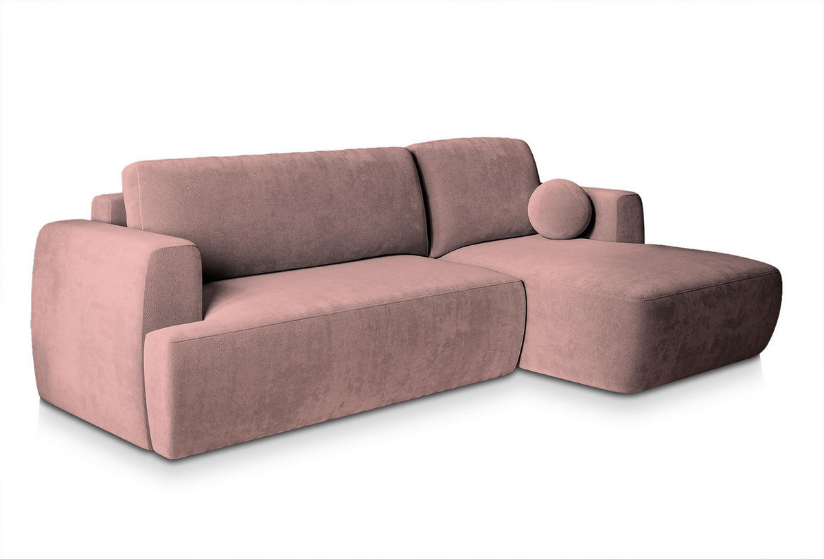ECKSOFA SENTI K R-S Rosa Plüsch-Stoff mit Schlaffunktion - Rosa, Holz (246/148cm) - MASSENO