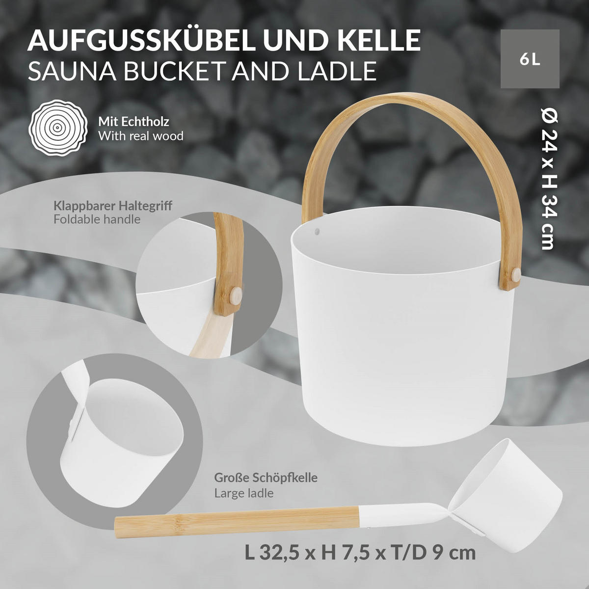 SADA SAUNOVÉHO PŘÍSLUŠENSTVÍ z hliníku a dřeva, bílá, kbelík na nalévání a naběračka - bílá, kov (24/34/32.5cm) - LuxeBath