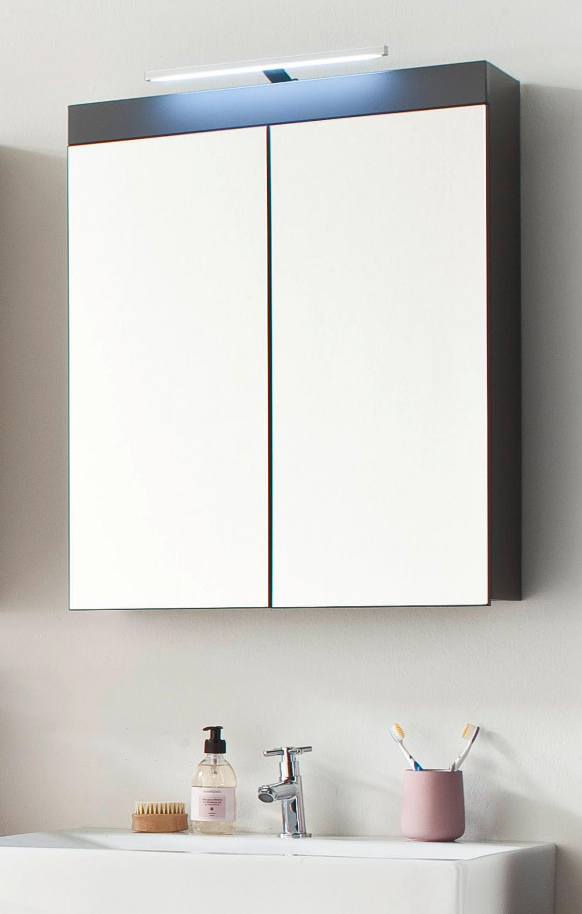 SPIEGELSCHRANK grau Hochglanz 60 x 77 cm 2-türig, inklusive Beleuchtung - Grau, Glas/Holzwerkstoff (60/77/17cm) - Top.Furn