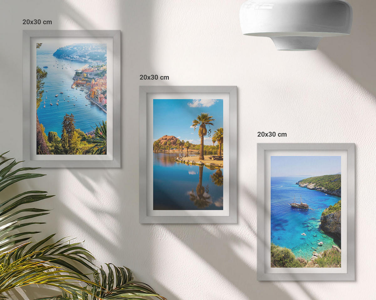 BILDER SET 3er Set - 20x30 cm Silberner Rahmen - Palmen am Meer, blaues Wasser - Silberfarben, Kunststoff (20/30cm) - TULUP