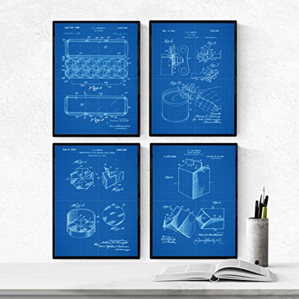 POSTER Set mit 4 Blau PATENTEN von Lebensmitteln A4 Rahmenlos - Klar, Papier (29.7/3cm) - Nacnic
