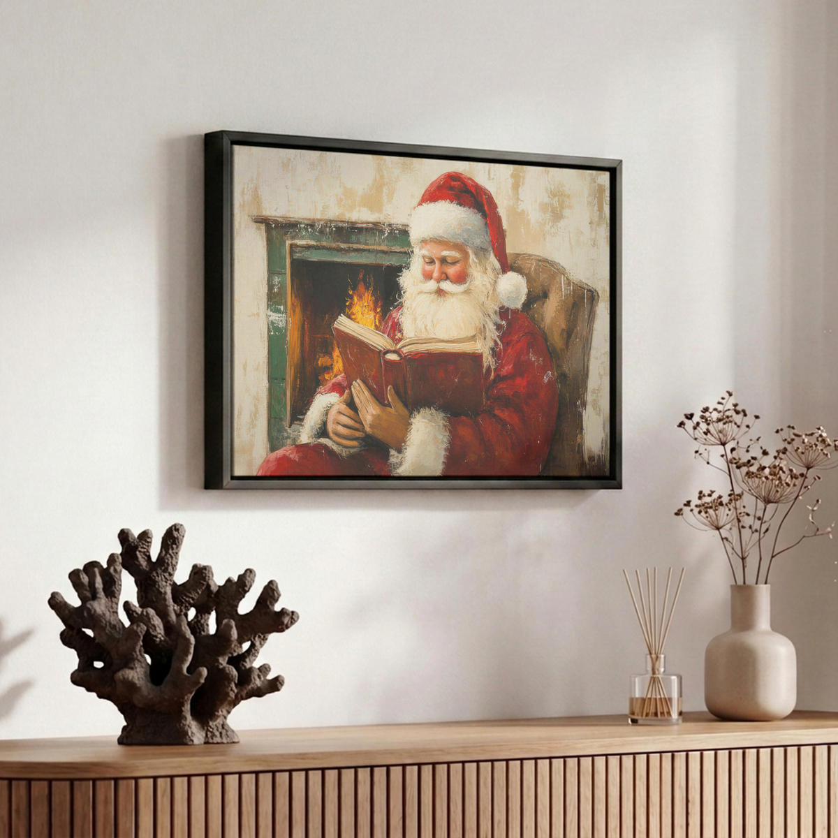 LEINWAND Bilder mit Rahmen - Weihnachten - Weihnachtsmann - Winter - Open Fireside - 30x20 - Dunkelrot, Textil (30/20cm) - MuchoWow