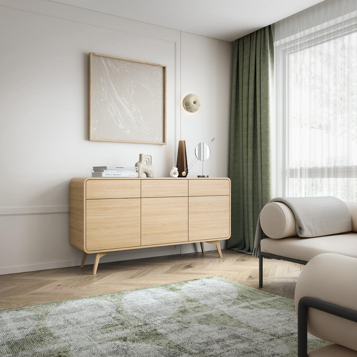 SIDEBOARD ATEA KSZ160 160 cm (Vicenza Eiche, Abgerundete Kanten, Holzfüße, Push to Open) - Eichefarben, Holz/Holzwerkstoff (160/84/39cm) - Ravio