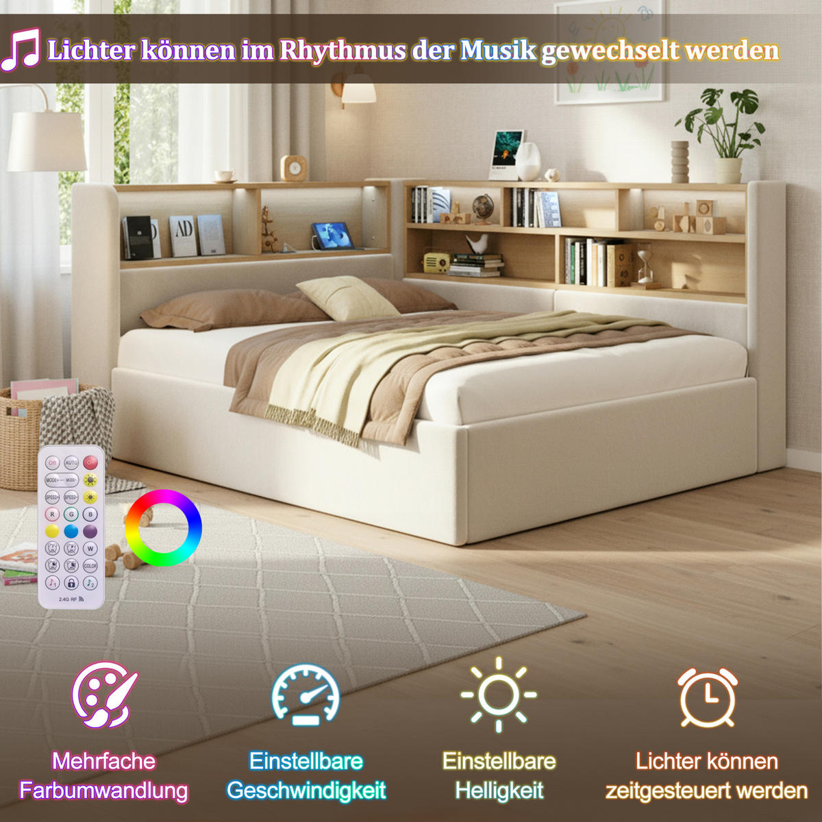 POLSTERBETT 140x190 cm in Beige mit hydraulischem Stauraum, LED-Beleuchtung und USB-C-Anschlüssen - Beige, Textil (140/190cm) - IVMEU
