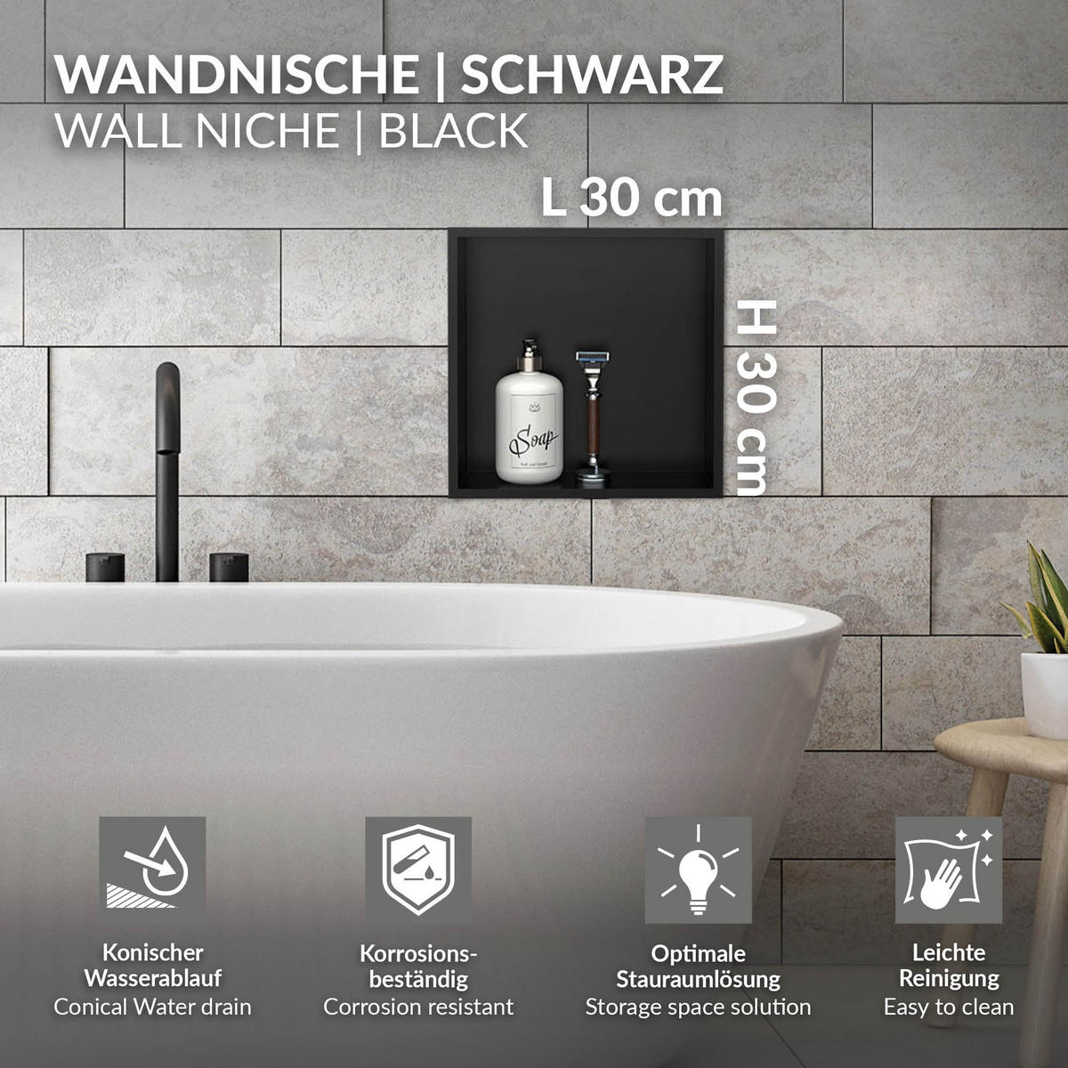 DUSCHNISCHE Schwarz 30/30 cm - Schwarz, Metall (30/30/10cm) - LuxeBath
