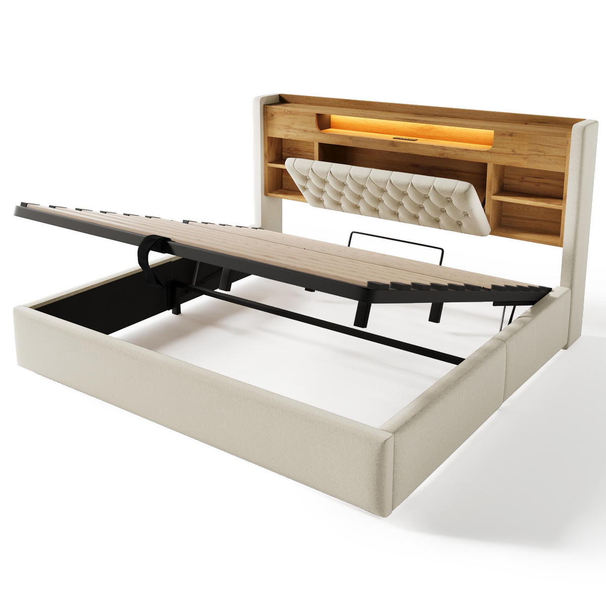 POLSTERBETT 180/200 cm Beige mit LED-Beleuchtung und Stauraum-Kopfteil - Beige, Textil (180/200cm) - Oxeza