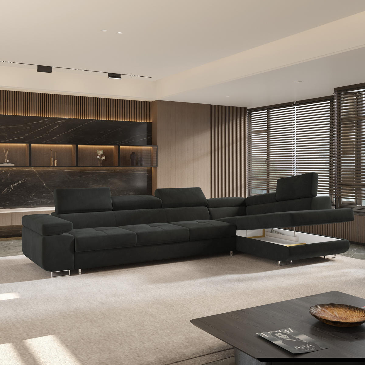 ECKSOFA VICENTE Schwarz Velours-Stoff mit Schlaffunktion - Schwarz, Holz (346/202cm) - MASSENO