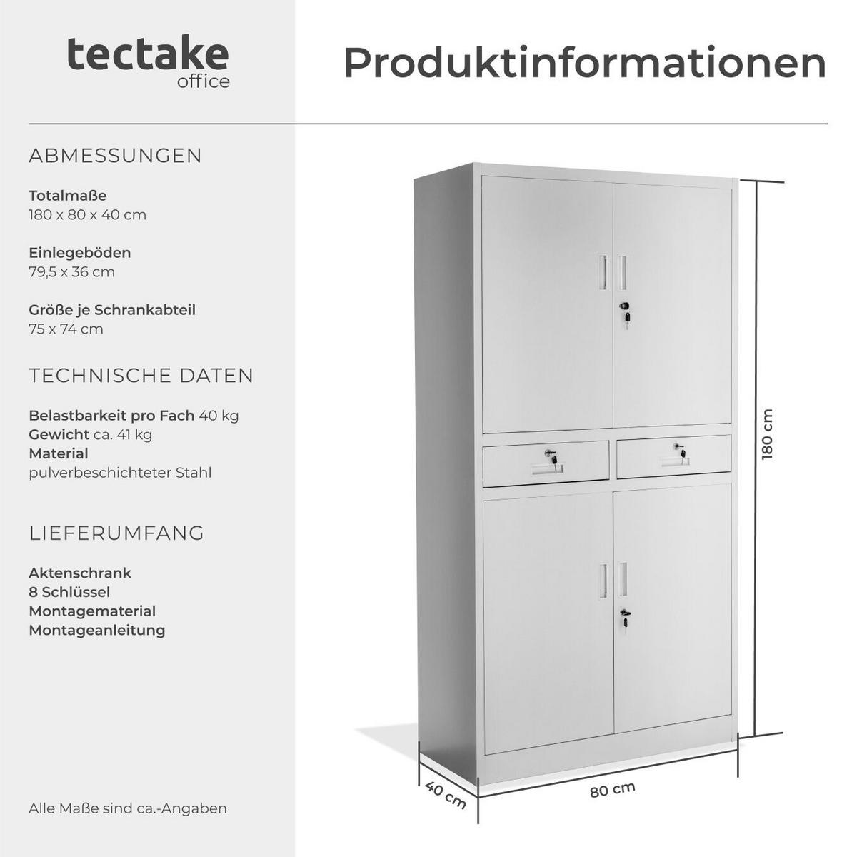 AKTENSCHRANK ,180 x 80 x 40 cm,hellgrau - Hellgrau, Metall (40/180/80cm) - tectake