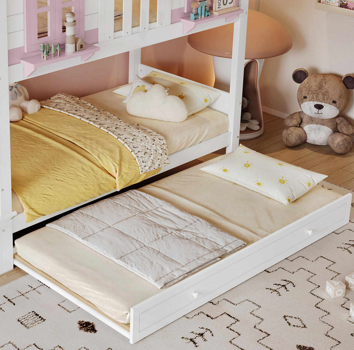 ETAGENBETT mit Rollbett und Stauraum 90x200 cm Weiß-Rosa - Weiß, Holzwerkstoff (90/200cm) - Beauniv