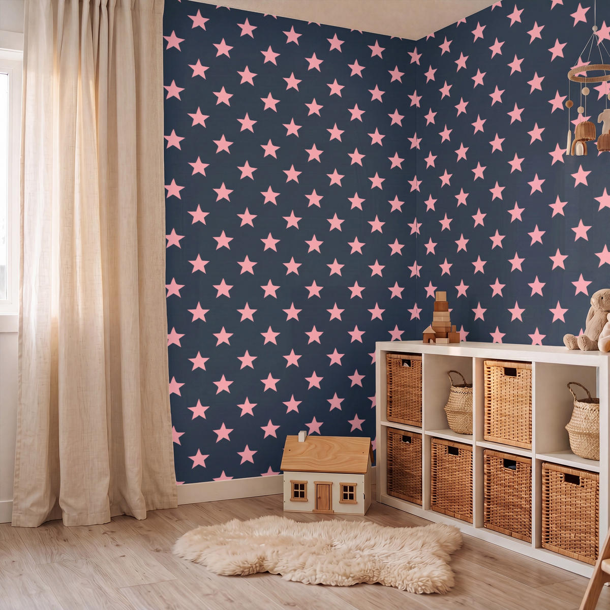 KINDERTAPETE - Muster - Sterne - Rosa - 280x220 cm - Anthrazit, Papier (280/220cm) - OnlyWow