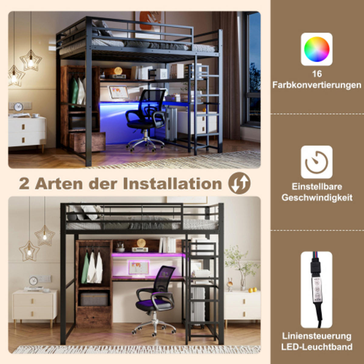 HOCHBETT 140 × 200 cm aus Metall und MDF mit Schreibtisch, Stauraumschublade und 16-Farben-LED-Leiste, schwarz - Schwarz, Holzwerkstoff - Luhomfu
