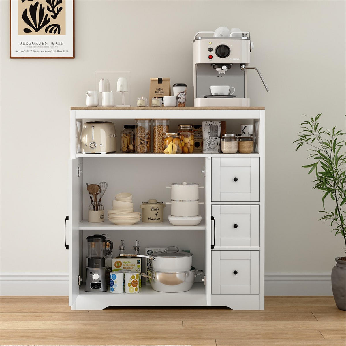 SIDEBOARD mit 3 Schubladen und 2 Türen - moderne skandinavische Optik und schwarze Griffe - Weiß und Natur - Weiß, Holzwerkstoff (100/105/40cm) - DELFA